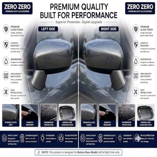 Image of ZERO ZERO Right & Left Side ORVM Mirror Cover Cap for Maruti Suzuki Baleno Base Model | Grandeur Grey (WBF) | No Indicator Cut Type | Door Side Mirror Cover Pair | Premium ABS Replacement.