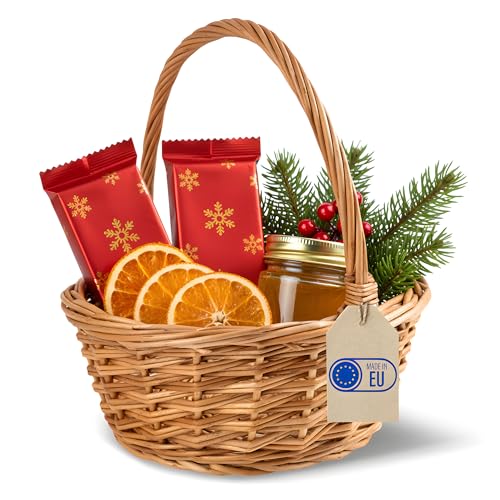 Creative Home Weihnachtskorb Kleiner Weidenkorb mit Henkel | Klein 22 x 22 x 26 cm (+/- 2 cm) | Handgeflochtener, Geschenkkorb, Obstkorb, Bügelkorb | Naturfarbe | Osterkörbchen