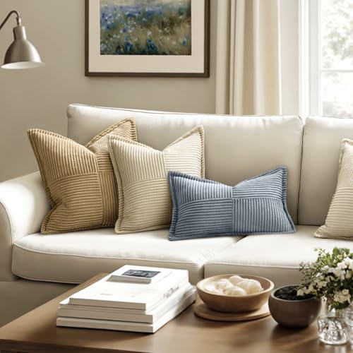 Image of MIULEE Decorative Lumbar Throw Pillow Covers for Couch Bed Livingroom 12x20 Inch Set of 2 Dustyblue Boho Accent Throw Pllows Broadside Striped Patchwork Soft Corduroy Pillowcases