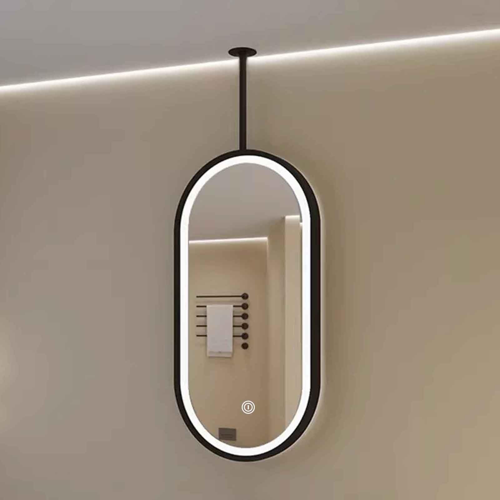 FGXHHS Oval LED Suspended Bathroom Vanity Mirror, Black Metal Framed Modern Ceiling Hanging Mirror - 3 Colors Dimmable Light(40cmx70cm)