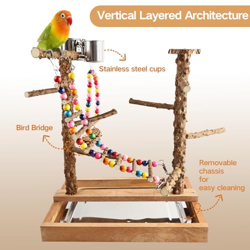 Image of Bird Perch Play Stand Playground, Conure Parakeets Parrots Cockatiel Toys, for Bird Cage Accessories, Natural Wood