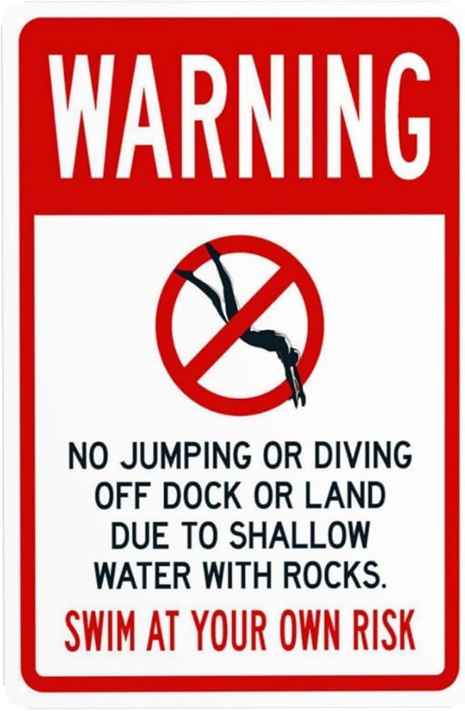 Shallow Water No Jumping Or Diving Off Dock Or Land Warning Sign Marina Security Metal Signs For Outdoor Indoor Road Yard Garage Home Business Street Wall Safety Caution Decor 8x12 Inch