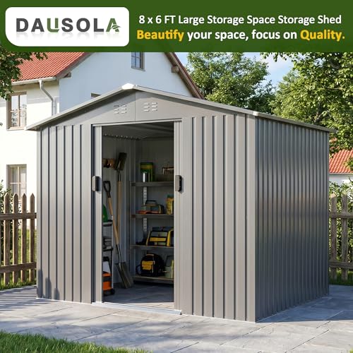 Image of DAUSOLA 8x6 FT Outdoor Storage Shed, Metal Garden Tool Shed with Updated Frame Structure and Lockable Doors, Ideal for Backyard Garden Patio Lawn, Grey