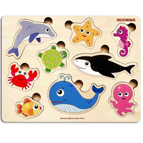 QUOKKA Wooden Puzzles for Toddlers 1-2 – 4 Set Pegged Puzzles for Kids Ages 1-2 – Animal Sea Learning Toy for Kids – Gift Realistic Educational Game for Boy and Girl