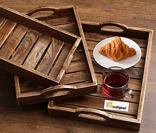 Image of Wooden Shesham Wood (Rose Wood) Serving Tray Set -3 - Standard Size (Brown)