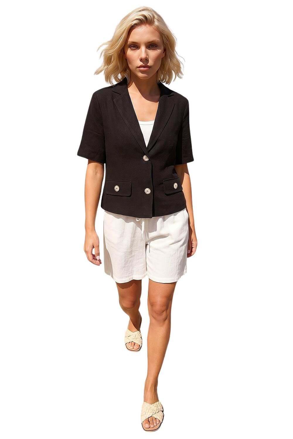 Roman Petite Linen Mix Buttoned Jacket for Women UK - Ladies Everyday Holiday Spring Summer V-Neckline Comfy Soft Evening Vacation Work Party - Petite Black - Size 12