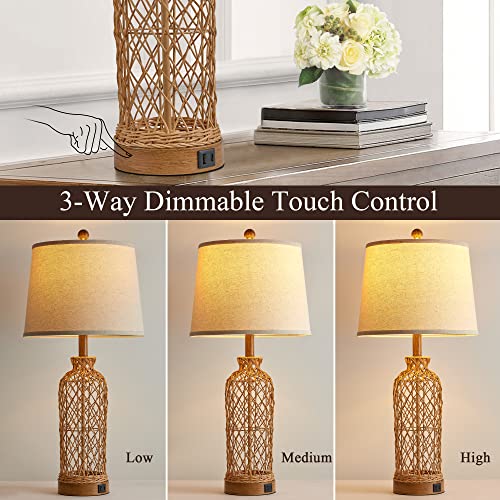 Rattan Table Lamps For Bedroom Set Of 2, 3 Way Dimmable Bedside Lamps With Usb And Type C Charging Ports, Farmhouse Nightstand Lamps For Living Room, Office, Hotel (Bulbs Included) #TOP3
