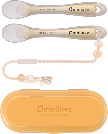 Silicone Baby Spoons 2-Pack with Case, Self Feeding 6 Months, Baby Led Weaning Supplies, Toddler Utensils with Safety Chain, Toddler Essentials, Dishwasher Safe Baby Safety Products