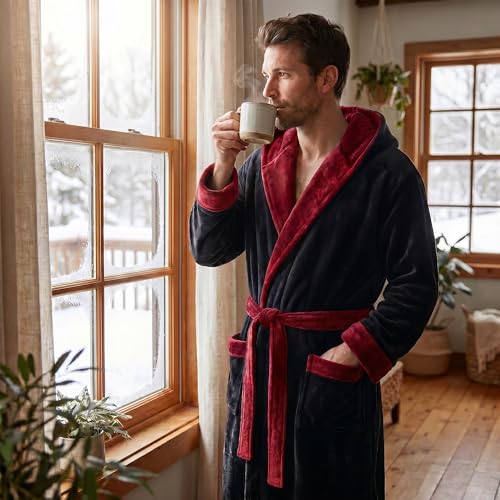 Image of U2SKIIN Mens Hooded Robe, Plush Robes for Men Long Fleece Bathrobe