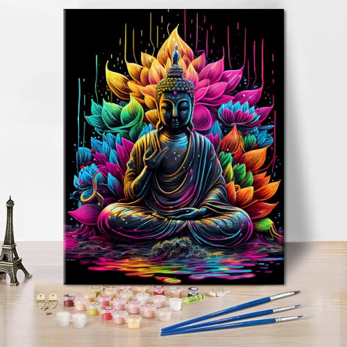 TISHIRON DIY Peinture par Numéros pour Adultes Débutants - Bouddha, Religion, Lotus, Yoga, Zen - Kit Acrylique et Huile - Artisanat pour la Maison 40x50cm (Encadré)