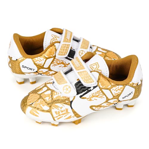 Linkidea Kids FG Soccer Shoes No Laces, Laceless Firm Ground Soccer Cleats for Unisex-Child, Kids Lace Less Soccer Shoes for Grass Field (Gold/White)3