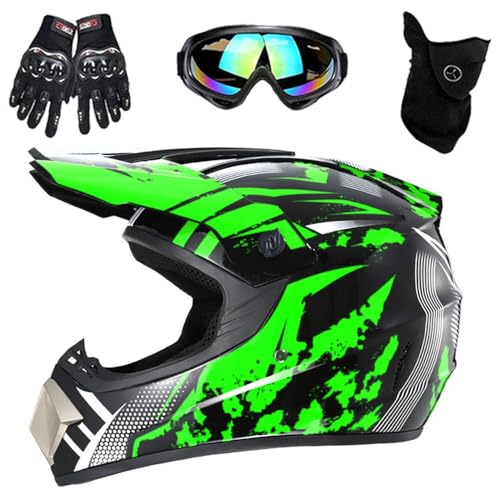 Casco Integrale da Motocross Per Adulti E Bambini, con Occhiali, Guanti E Maschera, Per Moto, Fuoristrada, Enduro, Downhill, Atv, Bmx, Mtb, Omologato DOT(Green Run,S(52-53cm))
