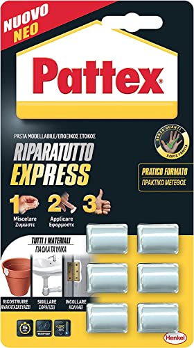 Pattex Powerknete Repair Express, 6x 5 g de pâte à modeler préportionnée pour coller & réparer, colle époxy pour de nombreux matériaux, pâte à modeler pouvant être peinte et poncée