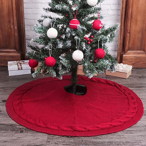 Limbridge Christmas Tree Skirt, 36 Inches Cable Knitted Thick Rustic Tree Skirts, For Xmas Decor Holiday Decoration, Burgundy #TOP5