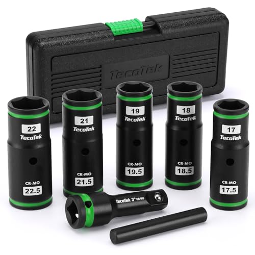 TecoTek 7PCS Lug Nut Socket Set 1/2 Impact Thin Wall Flip Socket Half Size Wheel Socket Set Metric 6 Point 3 Extension Bar & Knockout Bar 17.5mm 18.5mm 19.5mm 21.5mm and 22.5mm