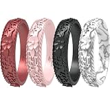 Zollen Anillos de boda de silicona para mujer, 4 paquetes, alianzas de boda de goma de silicona apilables, innovadora colección de flores y vid, tamaño 7