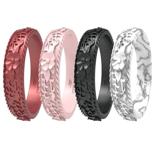 Zollen Silicone Wedding Rings for Women 4 Packs -Stackable Silicone Rubber Wedding Bands - Innovative Flower & Vine Collection, size 8