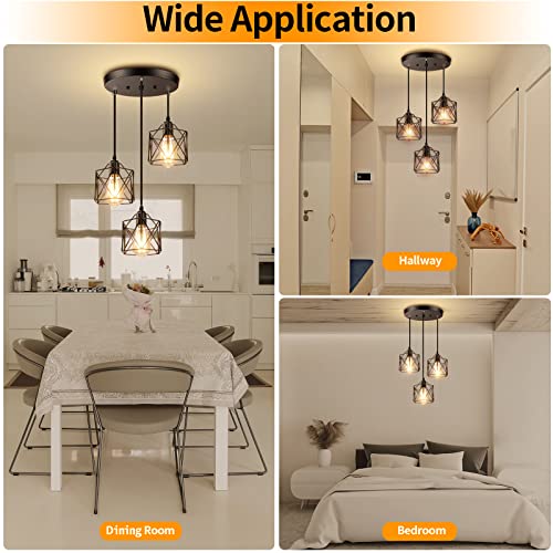 Licperron Industrial 3-Light Pendant Light, Adjustable Kitchen Hanging Ceiling Light Fixtures With Metal Cage, Black Farmhouse Pendant Lighting For Kitchen Island Dining Room Hallway, E26 Base #TOP5