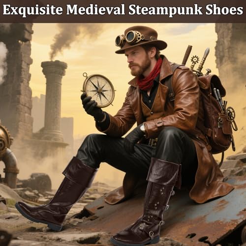 Image of Jiuguva Medieval Pirate Boots for Men Women Renaissance Boots | Faux Leather Viking Boots High Tube Steampunk Cosplay Shoes for Halloween Party, Role Play, Costume Accessories