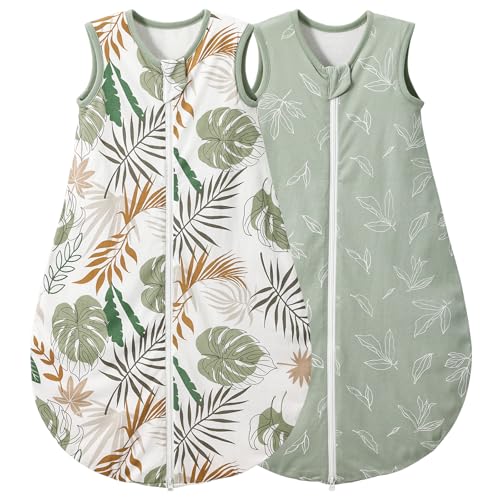 LULUMONKEY Baby Sleeping Bag 1.0 Tog 6-18 Months 2 Pack 100% Cotton Summer Newborn Sleep Sack Baby Wearable Blanket Green Leaves