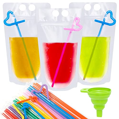 Ouddy 50 Pcs Drink Pouches Juice Pouches for Adults Reusable Reclosable Zipper Smoothie Bags for Cold & Hot Drinks with 50 Straws & Silicone Funnel