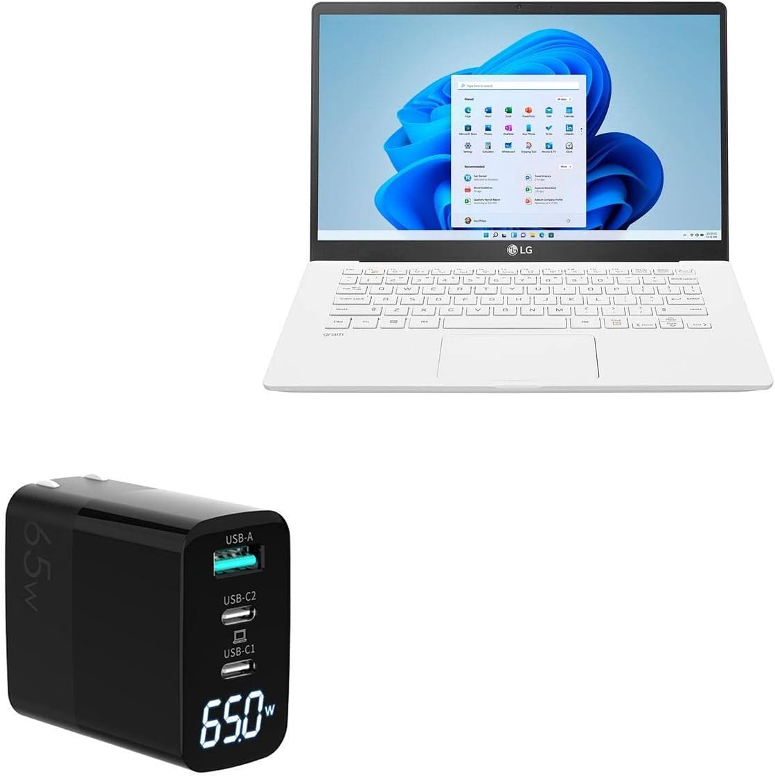 BoxWave Charger Compatible with LG Gram 14 (14Z90N) - PowerDisplay PD Wall Charger (65W), GaN 65W Powerful Folding Plug LCD Display - Jet Black