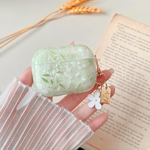 Image of MINSCOSE for Cute Glitter AirPods Pro 2nd /1st Generation Case,Shell Pattern Pretty Flower Design with Girly Floral Keychain,Soft TPU Protective Cover with Cleaner Kit for AirPods Pro /Pro 2-Green1