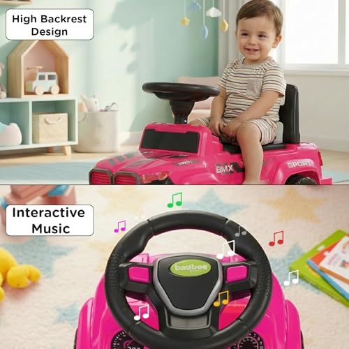 Image of Baybee Nitro Ride on Cars for Kids | Portable Ride on Jeep with High Backrest & Toy Storage | Baby Push Ride ons Toys Car with Music & LED Light | Outdoor Kids Cars for 1 to 3 Years Boy Girl (Pink)