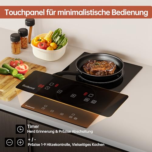 Gudsunal Domino Kochfeld, 2-Platten Glaskeramikkochfeld mit Stecker, 3000W, 9 Heizstufen, 1-99 Minuten Timer, Touch-Steuerung, Automatische Abschaltung, Kindersicherung,Mattschwarz