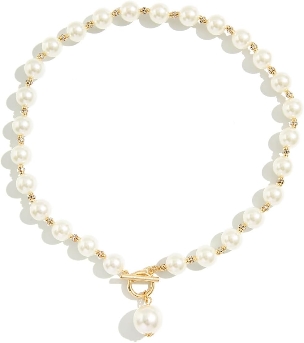 Chunky Fake Pearls Necklaces for Women Gold Plated Toggle Necklace Big Imitation Pearl Choker Necklaces for Women Large Baroque Imitation Pearl Necklace White Black Beaded Necklace Prom Bridal Wedding Fake Pearl Jewelry - Image 3