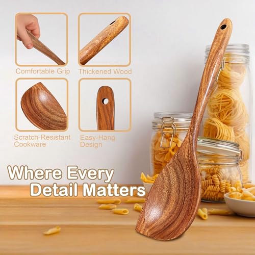 Image of Wooden Spoons for Cooking, 4 Piece Teak Cooking Utensils Set | Natural Premium Teak, Large Kitchen Wooden Spoons, Cooking Gifts