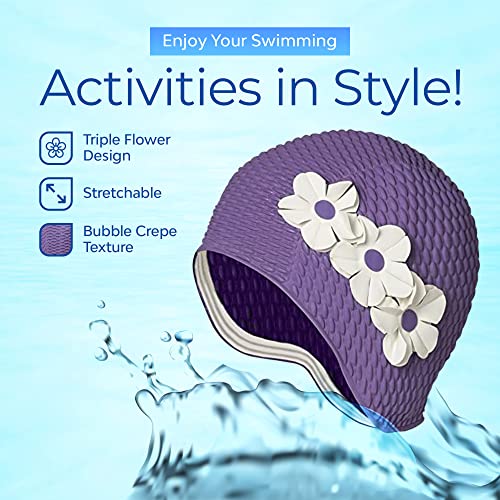 Eemo Swim Bathing Caps For Women Latex Triple Flowers-Lavendar W/White Flowers #TOP2