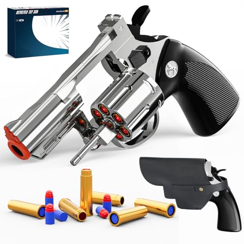 Revolver Toy Gun with Holster Silver - Soft Bullet Western Cowboy Prop Revolver Gun Plastic Play Guns Pistol for Kids Boys Age 6+ Foam Blaster CS Toy Rifle Sniper Small Hand Gun Cosplay Shoot Games