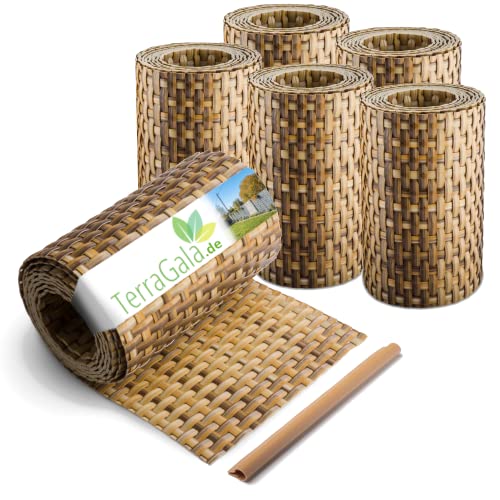 TerraGala 6er Pack Rattan Sichtschutz-Streifen, Sichtschutz für Stabmattenzaun, Flechtoptik, 255cm x 19cm, inklusive Befestigungsclips (6, Strohfarben)