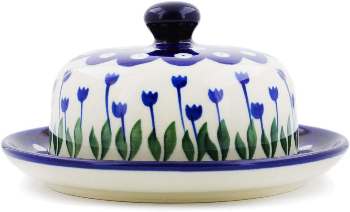 Polmedia Polish Pottery Dish with Cover - Blue Tulip Peacock Pattern Handmade in Boleslawiec Poland by Ceramika Artystyczna + Certificate of Authenticity