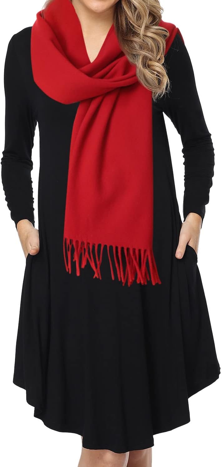 Old-Times Women's Casual Dress Loose Long Sleeve Summer Ruffle Round Neck Swing T-Shirt Dresses with Pockets - Image 3