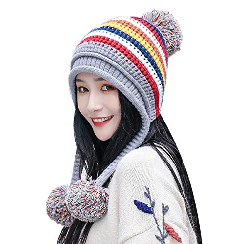 Women Skull Beanie Hat Peruvian Cap Rainbow Stripe Winter Fleeced Ski Ear Flaps Pompoms Cable Knitting