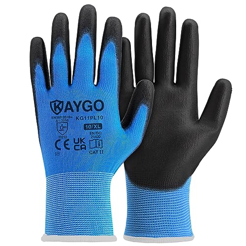 KAYGO Arbeitshandschuhe für Herren Damen 12 Paar, PU beschichtet Schutzhandschuhe, antirutsch Grip an Handflächen und Fingern, Geeignet für allgemeine Arbeit Lager DIY, KG11P (Blau, XL, Gr 10)