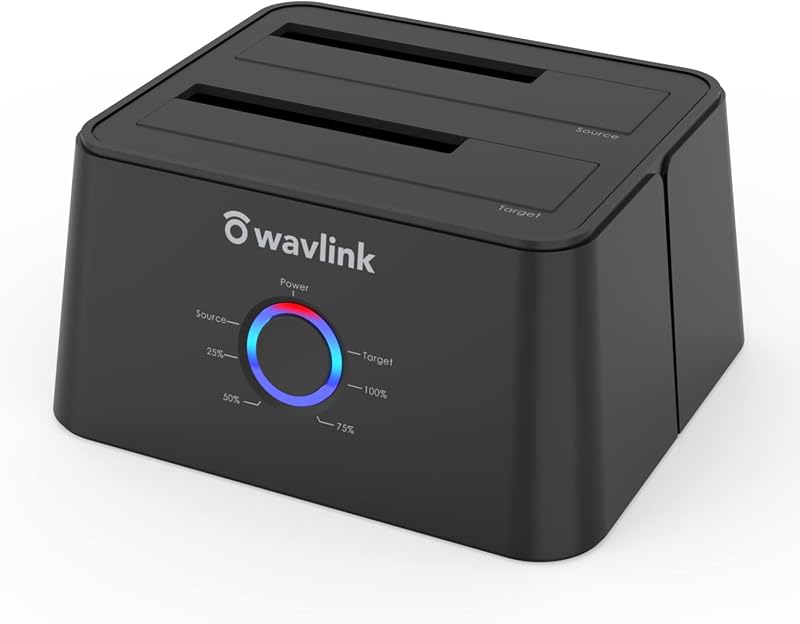 WAVLINK Estación de acoplamiento para disco duro externo USB 3.0 y USB C a SATA de doble bahía para HDD/SSD de 2,5/3,5 pulgadas con UASP (6 Gbps), compatible con función de clonación/duplicación sin conexión [16 TB X2]-Negro