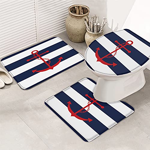 Queenker 3-teiliges Badematten-Set, WC-Deckelbezug, roter Anker, marineblau und weiß gestreifter Druck, Konturteppich, WC-Vorleger rutschfeste Badezimmer-Fußmatte, 45,7 x 76,2 cm + 35,7 38,7 – Bild 3