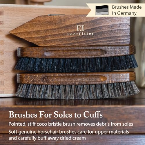 FootFitter Leather Shoe Shine & Suede Cleaning Set with Grand Cedar Valet Box, Polish Creams, Shine Brushes & Shoe Care Tools (Brown Creams)