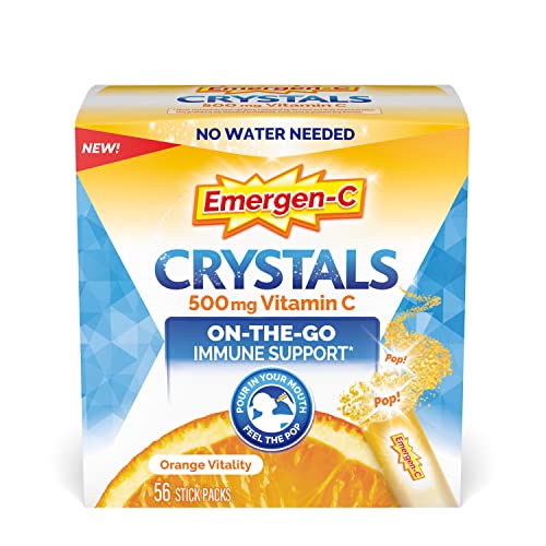 Emergen-C Crystals, On-the-Go Emergen-C Immune Support Supplement with Vitamin C, B Vitamins, Zinc and Manganese, Orange Vitality – 56 Stick Packs