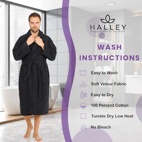 Image of HALLEY Luxury Bathrobe for Women & Men, Shawl Collar Spa Bath Robes Terry Cotton Ultra Soft Shower Robe with Pockets - Black