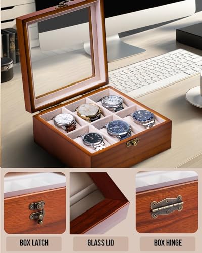 Image of Watch Box, Watch Case for Men Women with Large Glass Lid, Wooden Watch Display Storage Box with 6 - Slots, Classic Walnut 6x2 Mens Watch Box Organizer