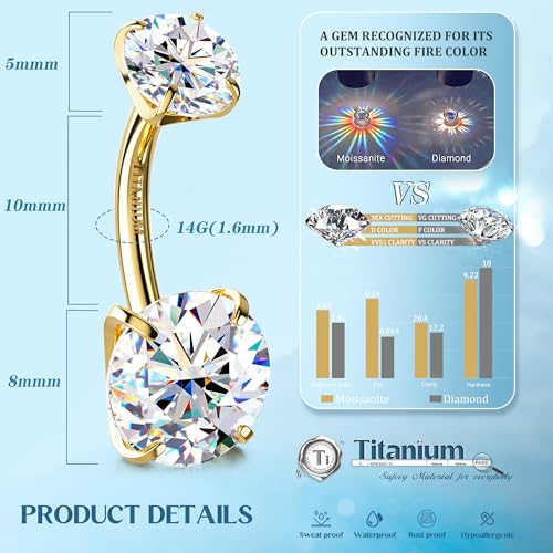 Moissanite ＆ G23 TItanium Belly Button Ring 18K Gold Plated Hypoallergenic Internally Threaded Belly Rings 14G Navel Piercing Jewelry For Women Men D Color VVS1 Clarity Brilliant Cut4