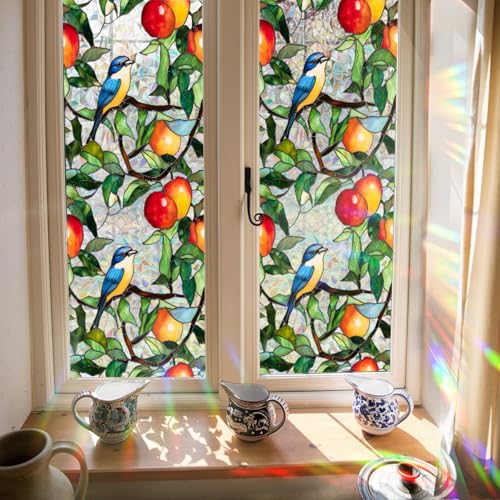 Vinilos para Cristales Ave De Manzana Roja Vinilo Ventana Opacar Estático Reutilizable Extraíble Decorativos para Dormitorio Baño Oficina Cocina Vinilo para Ventanas 43x100 CM/ 1 Rollo