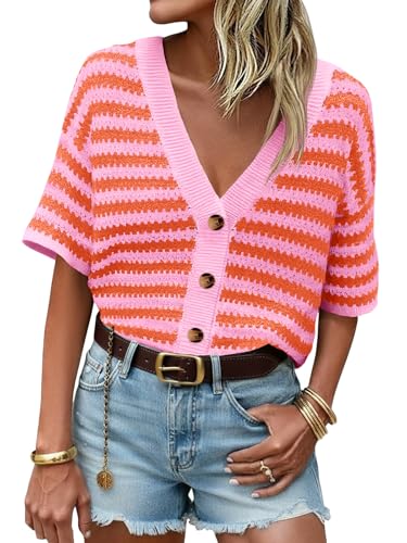 Saodimallsu Womens Short Sleeve Striped Cardigan Sweaters Crochet Knit Button