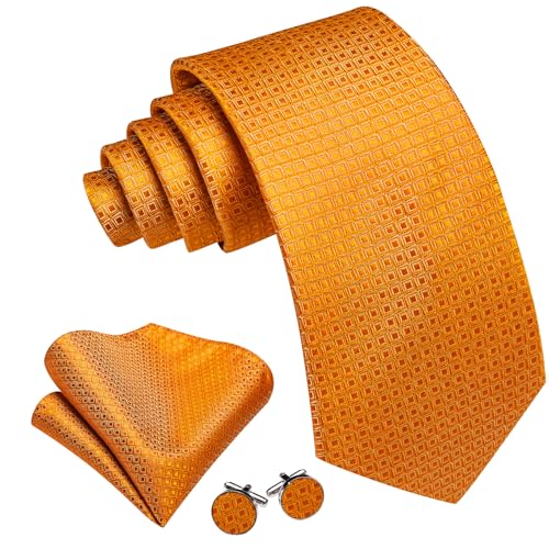 Image of Barry.Wang Classic Mens Ties Plaid Silk Necktie Pocket Square Cufflinks Set Woven Designer Wedding Business