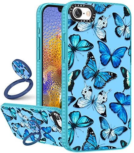 Toycamp for iPhone 6/6S/7/8/SE(2020/2022) Case, Blue Butterfly Print Design for Women Girls Teens Cute Girly Case with Ring Kickstand Cover for iPhone 6/6S/7/8/SE, 4.7 inch, Blue