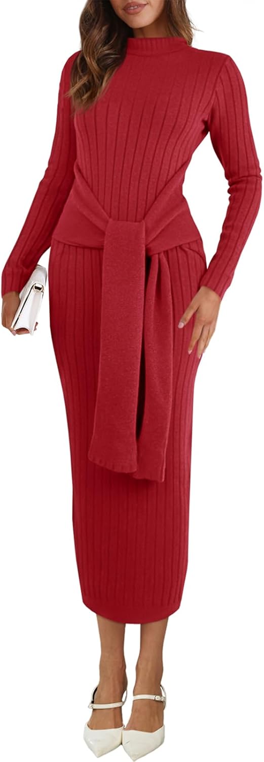 Saodimallsu Womens Long Sleeve Midi Sweater Dress Bodycon Mock Neck Ribbed Knit Tie Waist Fall Long Dresses